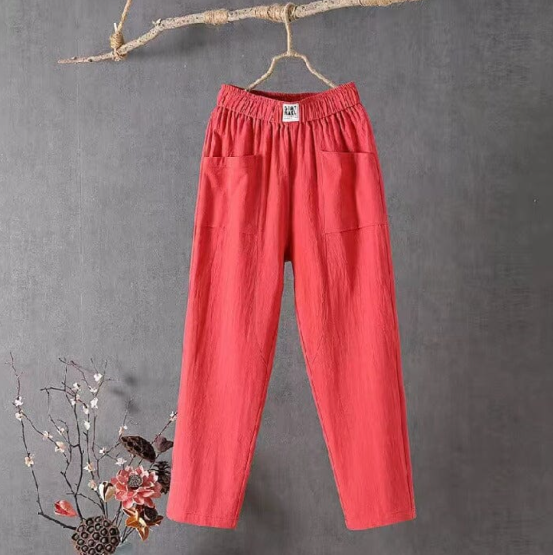 Linnen broek elegante stof en elastische taille, ideaal voor zomerse dagen, biedt comfort en een stijlvolle pasvorm.