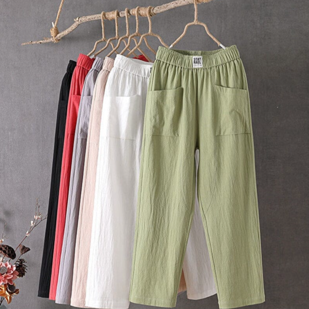 Linnen broek elegante stof en elastische taille, ideaal voor zomerse dagen, biedt comfort en een stijlvolle pasvorm.