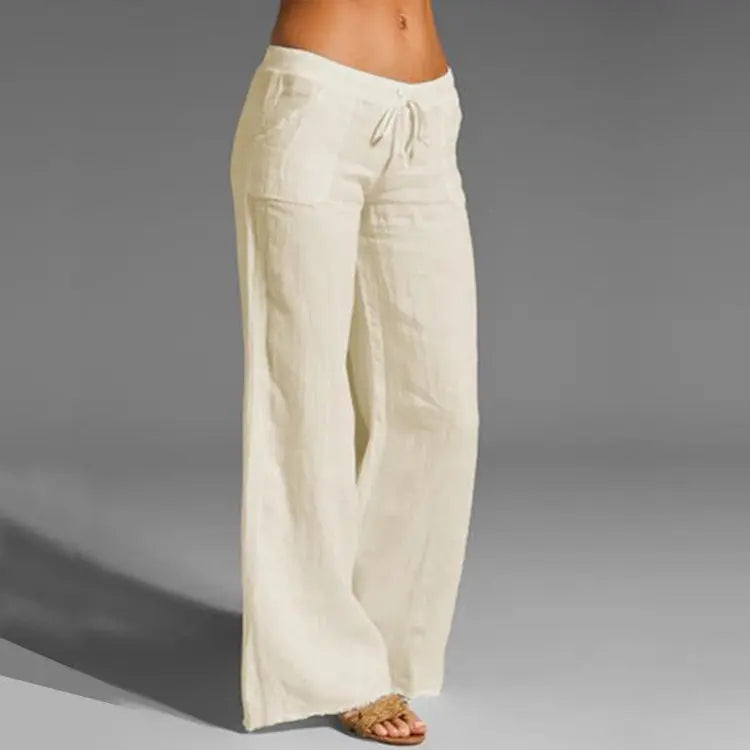 "Linnen dames zomerbroek met comfortabele pasvorm, chic design, luchtig en stijlvol, verkrijgbaar in neutrale kleuren."