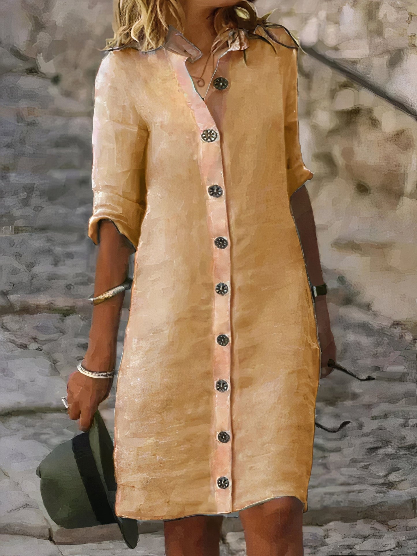 "Linnen damesjurk, ademend en elegant, met overhemdkraag en knoopsluiting. Perfect voor zomerse dagen en avonden."