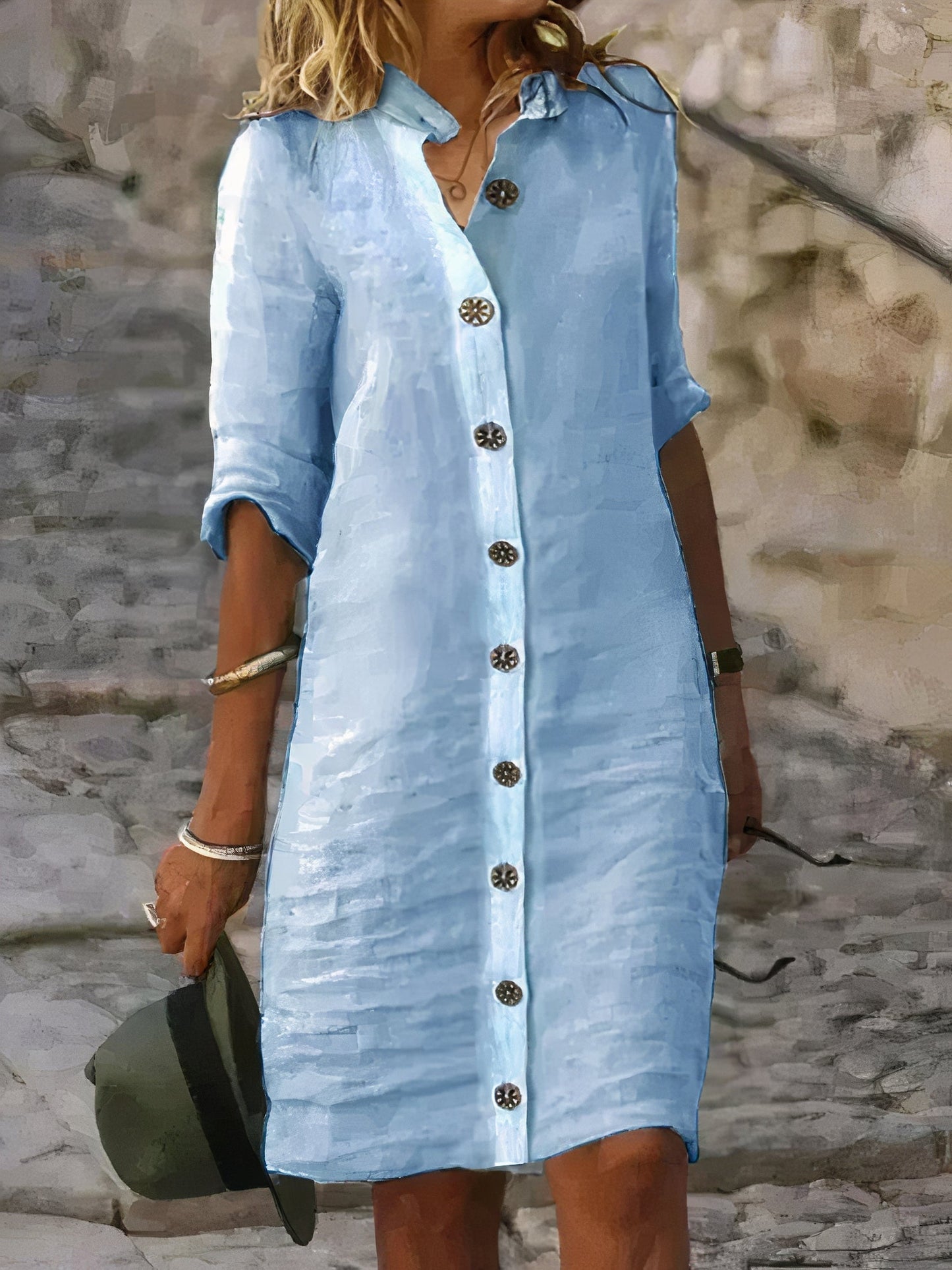 "Linnen damesjurk, ademend en elegant, met overhemdkraag en knoopsluiting. Perfect voor zomerse dagen en avonden."