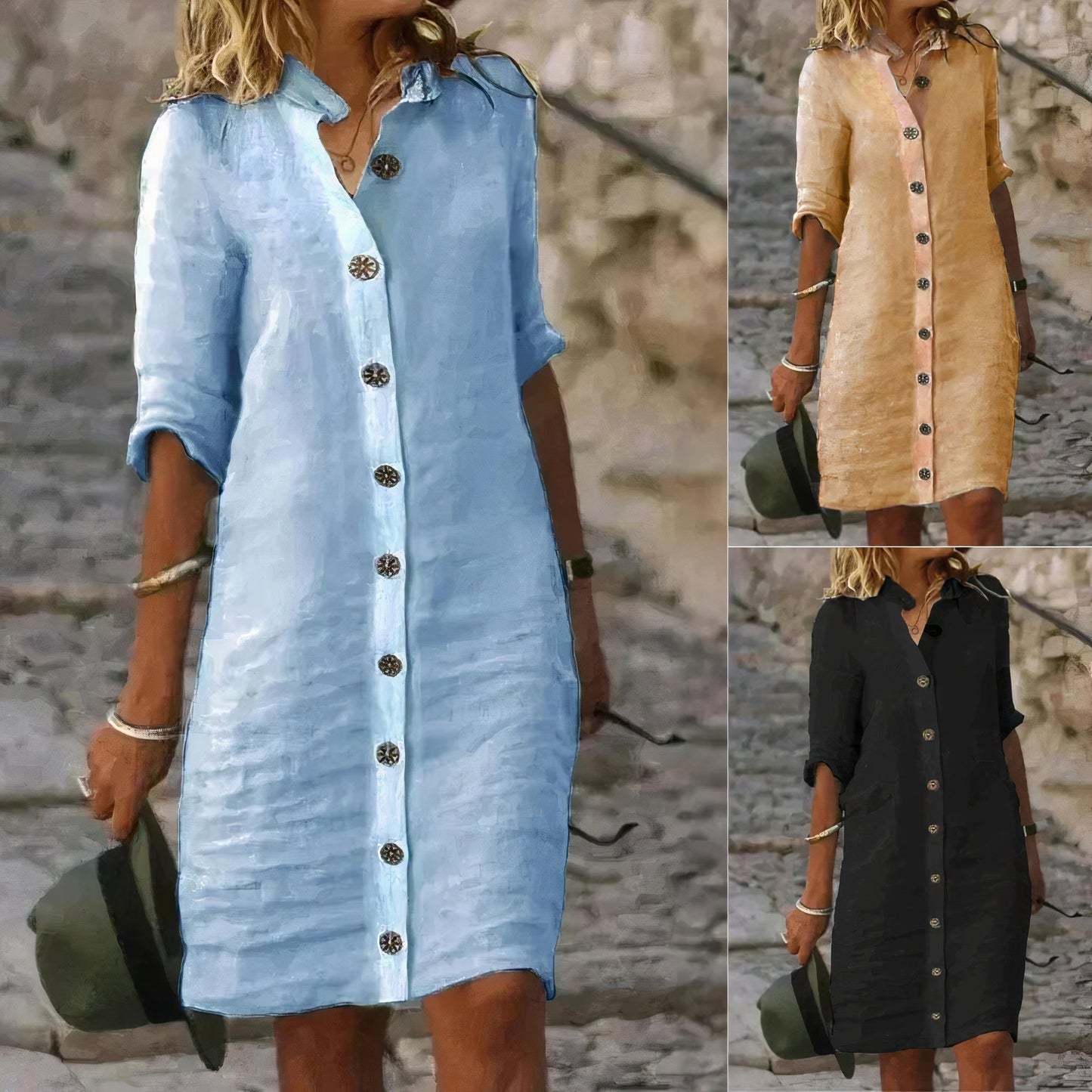 "Linnen damesjurk, ademend en elegant, met overhemdkraag en knoopsluiting. Perfect voor zomerse dagen en avonden."