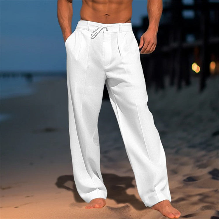 Linnen herenbroek, relaxed fit, lichtblauw met trekkoord, ontspannen pasvorm. Perfecte zomerbroek voor comfort en stijl.