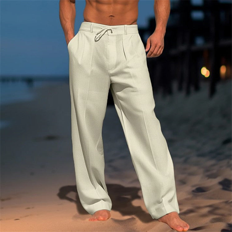 Linnen herenbroek, relaxed fit, lichtblauw met trekkoord, ontspannen pasvorm. Perfecte zomerbroek voor comfort en stijl.