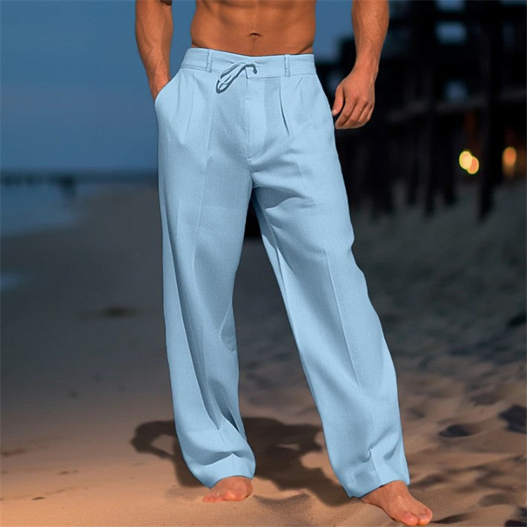 Linnen herenbroek, relaxed fit, lichtblauw met trekkoord, ontspannen pasvorm. Perfecte zomerbroek voor comfort en stijl.