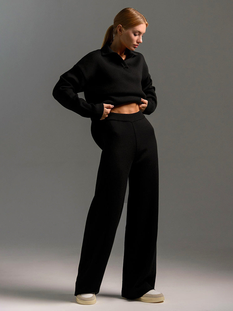 Lounge set voor dames met oversized polosweater en brede broek, zachte ademende stof, ideaal voor stijlvol comfort thuis.