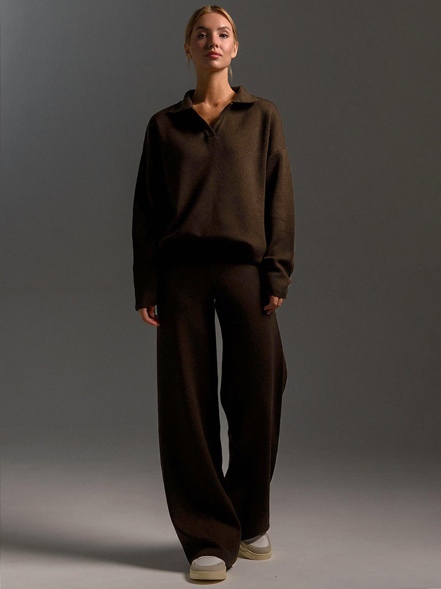 Lounge set voor dames met oversized polosweater en brede broek, zachte ademende stof, ideaal voor stijlvol comfort thuis.
