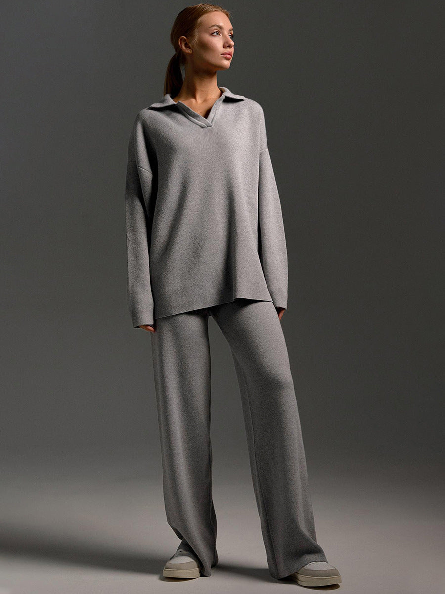 Lounge set voor dames met oversized polosweater en brede broek, zachte ademende stof, ideaal voor stijlvol comfort thuis.
