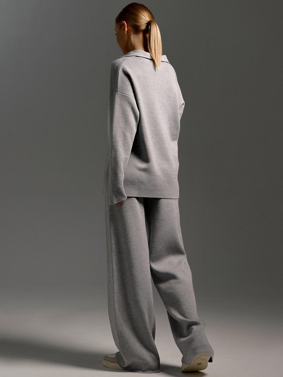 Lounge set voor dames met oversized polosweater en brede broek, zachte ademende stof, ideaal voor stijlvol comfort thuis.
