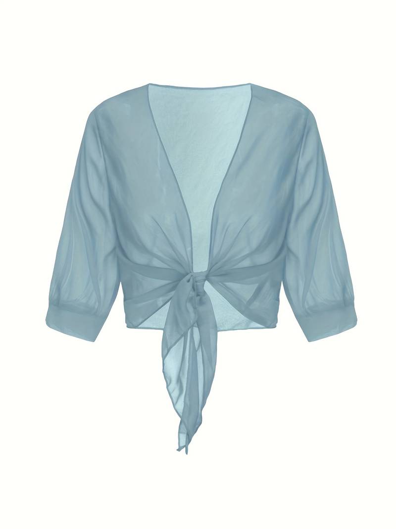 "Luchtige elegante damesblouse met open voorkant, frisse charmante look, perfect voor zonnige dagen."