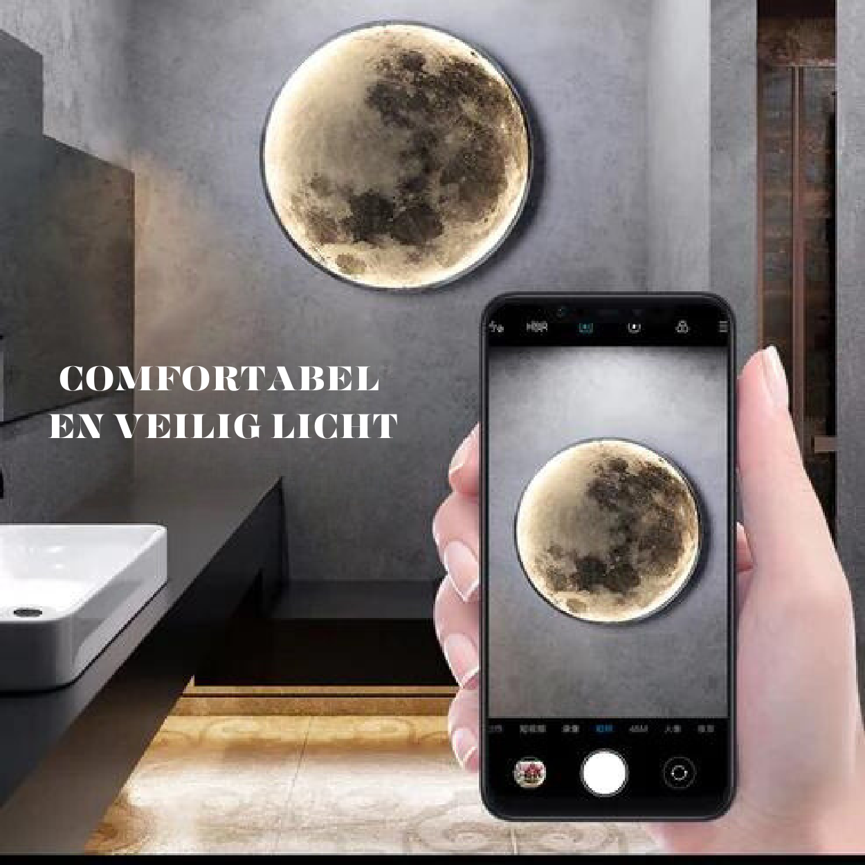"Lunatic maandlamp met realistisch maanoppervlak, dimbaar LED-licht, wandmontage, ideaal voor sfeervolle verlichting."
