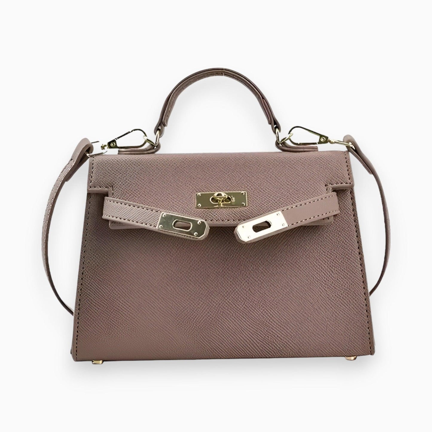 Luxe dameshandtas met glanzende metalen sluiting, strakke vormen, en stijlvolle structuur voor een elegante uitstraling.