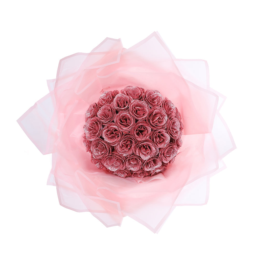 "Luxe glitter rozen boeket, eeuwige charme in rood, blauw, roze; tijdloze schoonheid zonder onderhoud. Perfect cadeau."