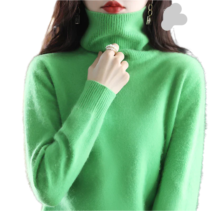 "Luxe kasjmier coltrui voor dames, elegant ontwerp, 100% kasjmier, avocadogroen, herfst-winter, warm en stijlvol."