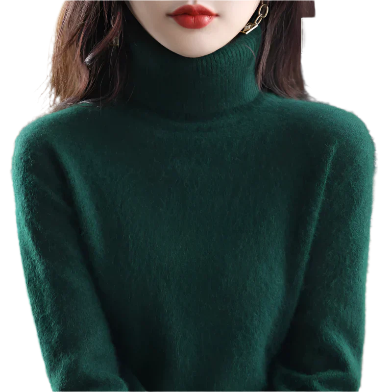 "Luxe kasjmier coltrui voor dames, elegant ontwerp, 100% kasjmier, avocadogroen, herfst-winter, warm en stijlvol."