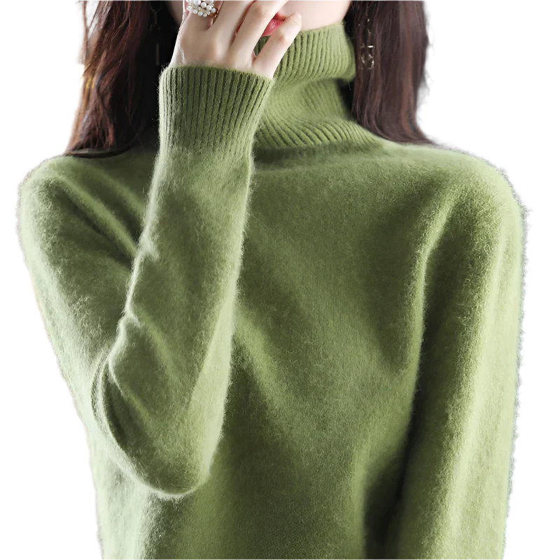 "Luxe kasjmier coltrui voor dames, elegant ontwerp, 100% kasjmier, avocadogroen, herfst-winter, warm en stijlvol."
