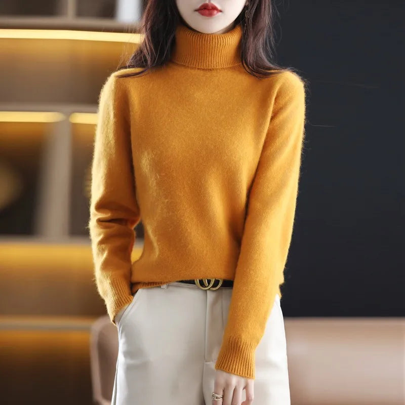 "Luxe kasjmier coltrui voor dames, elegant ontwerp, 100% kasjmier, avocadogroen, herfst-winter, warm en stijlvol."