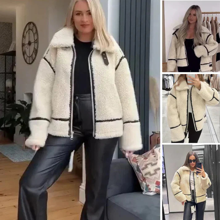 "Luxe korte lamswollen jas in elegante beige tint met losse pasvorm, ideaal voor herfst en winter. Stijlvol en warm."