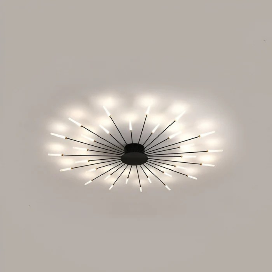 "Luxe LED plafondlamp, modern design met goud en zwart, stijlvolle woonkamerverlichting, energiezuinig met LED-licht."
