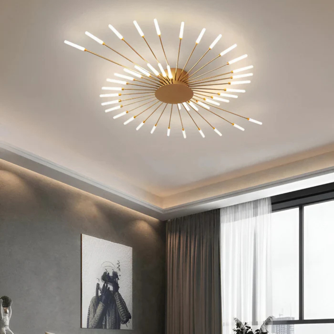 "Luxe LED plafondlamp, modern design met goud en zwart, stijlvolle woonkamerverlichting, energiezuinig met LED-licht."