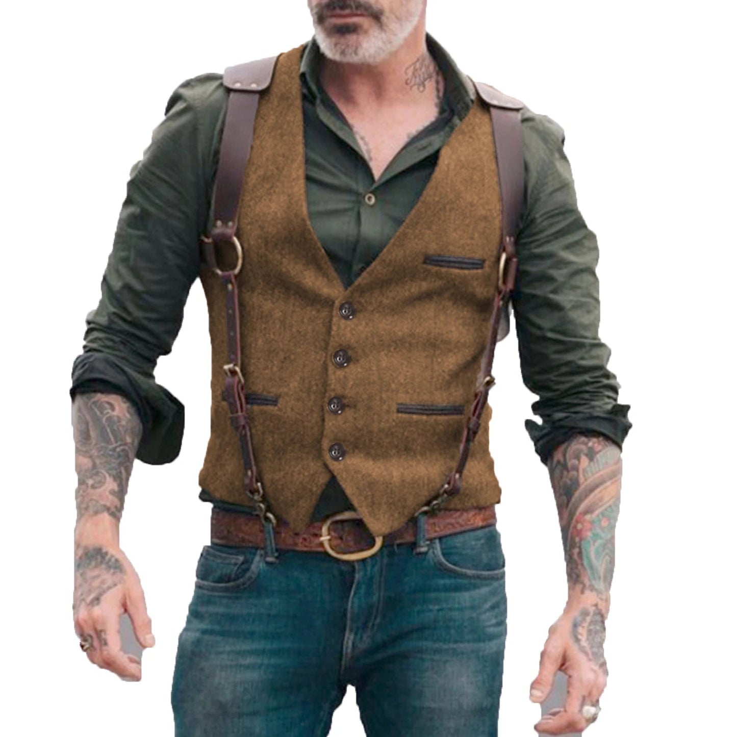 "Luxe legergroen herringbone gilet voor heren, ideaal voor formele gelegenheden, gemaakt van katoen, wol en kasjmier."