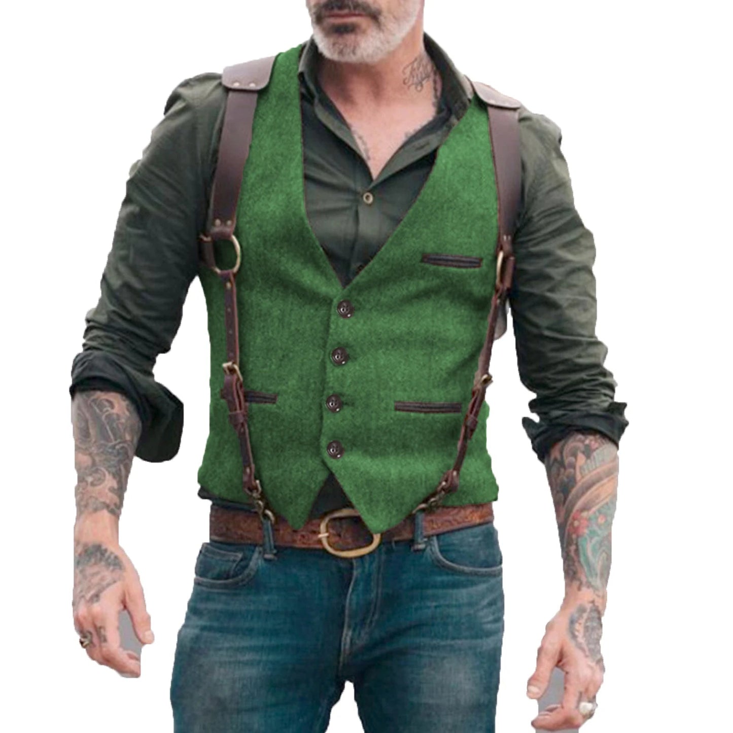 "Luxe legergroen herringbone gilet voor heren, ideaal voor formele gelegenheden, gemaakt van katoen, wol en kasjmier."