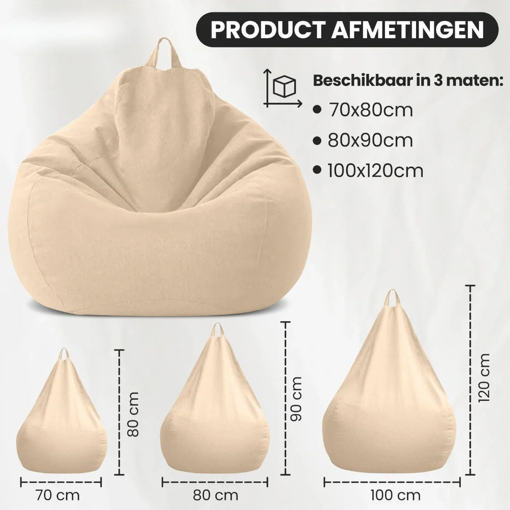 "Luxe linnen zitzak met vulling, ergonomisch, comfortabel, stijlvolle afwerking, voor woonkamer of slaapkamer inrichting."