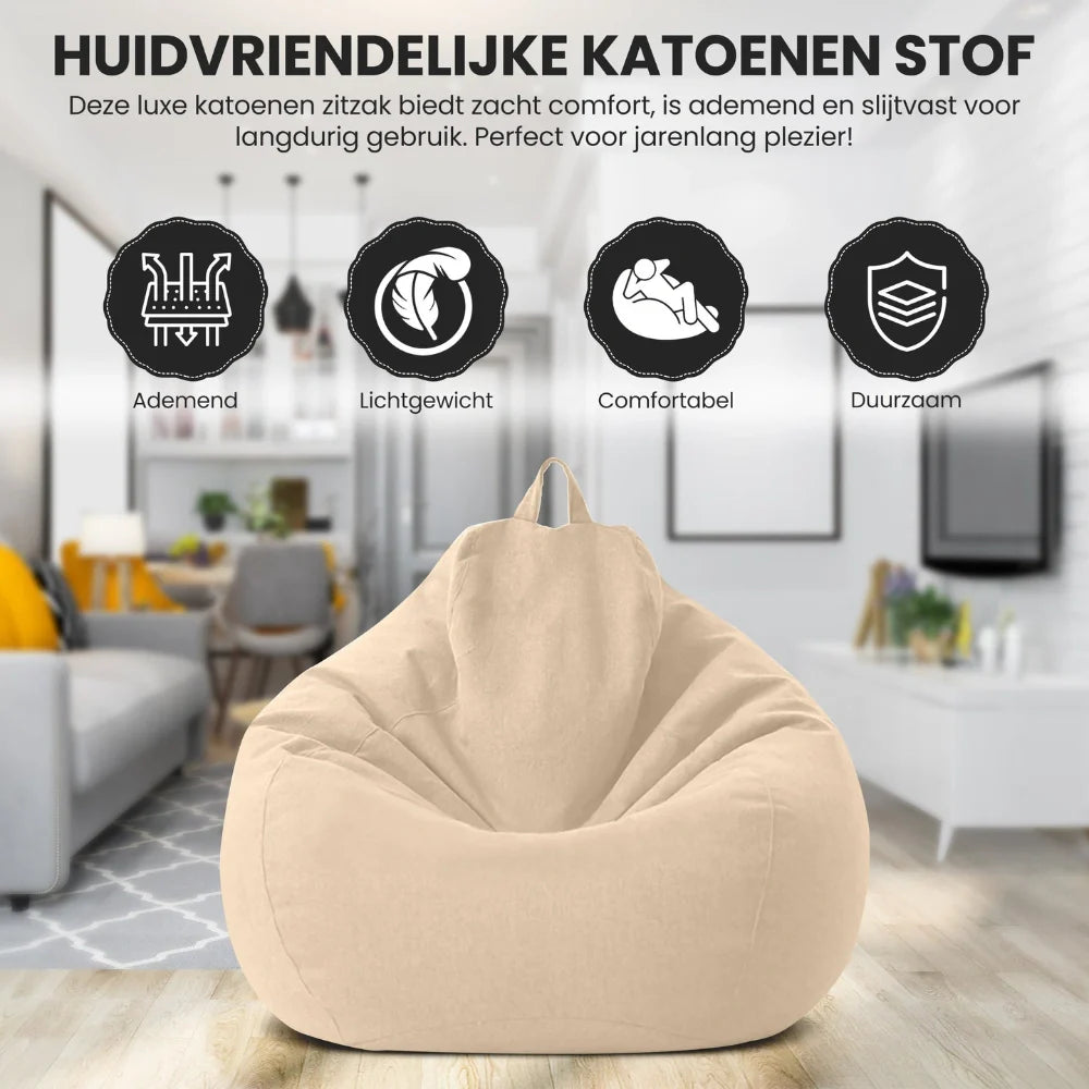 "Luxe linnen zitzak met vulling, ergonomisch, comfortabel, stijlvolle afwerking, voor woonkamer of slaapkamer inrichting."