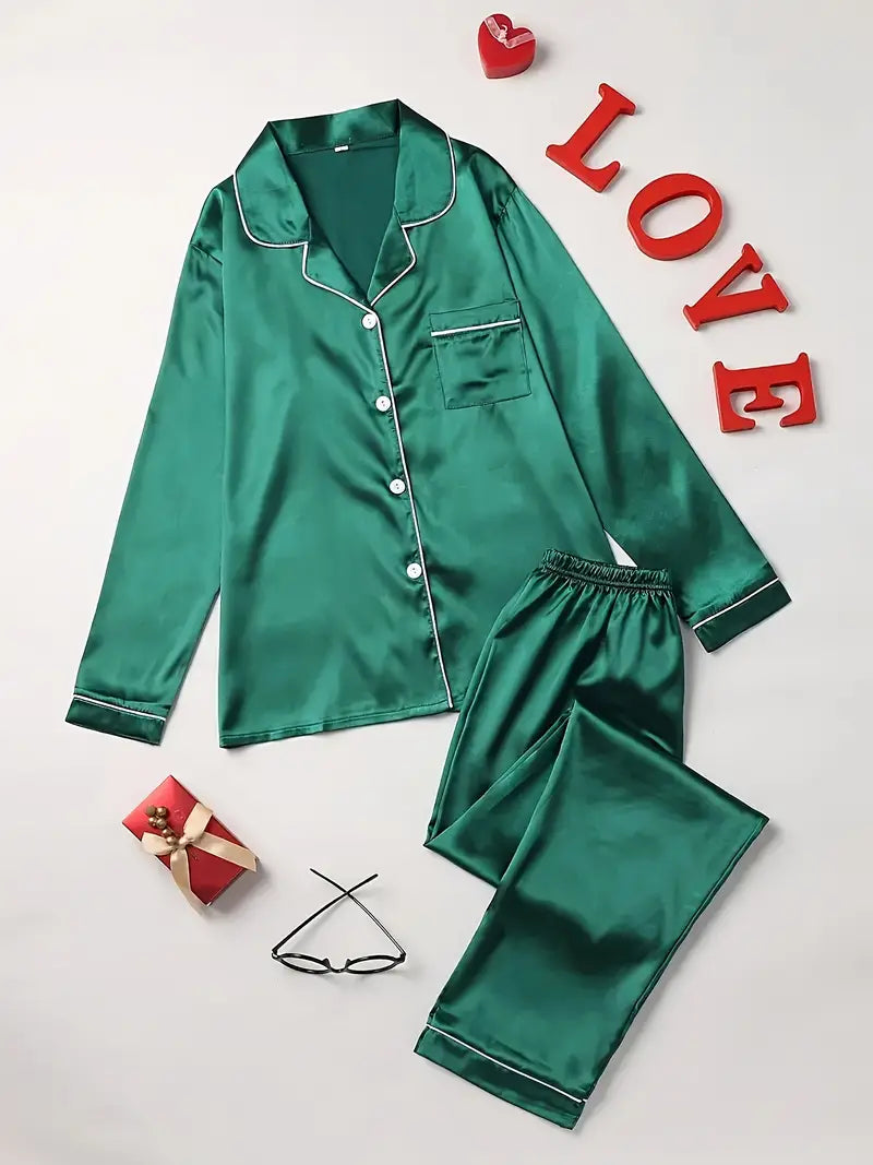 "Luxe satijnen pyjama set, zacht glanzend satijn, elegante nachtkleding voor dames, ultiem comfort en stijlvol ontwerp"