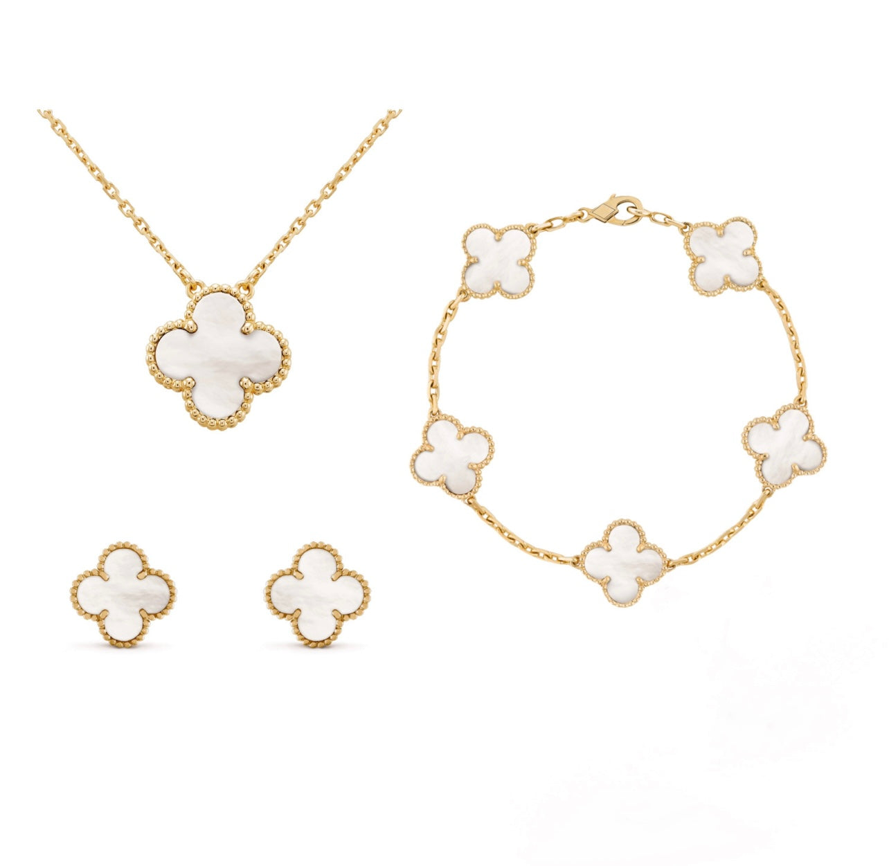 "Luxe sieradenset dames met klaverontwerp, parelmoer coating en gouden details, inclusief ketting, armband en oorbellen."