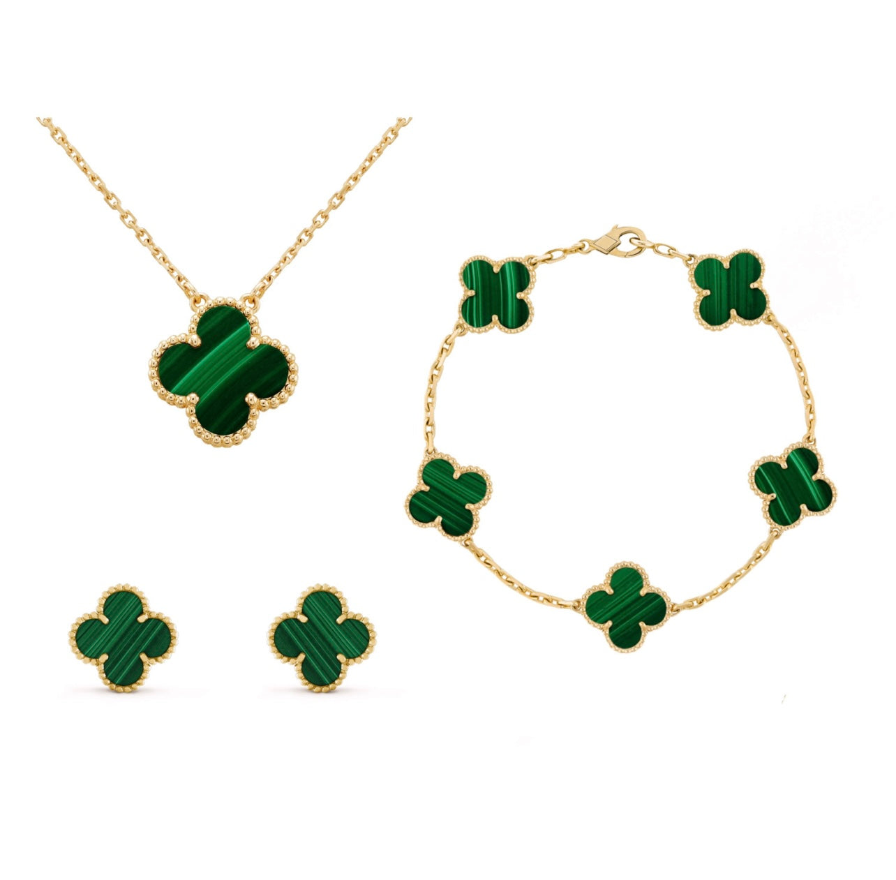 "Luxe sieradenset dames met klaverontwerp, parelmoer coating en gouden details, inclusief ketting, armband en oorbellen."