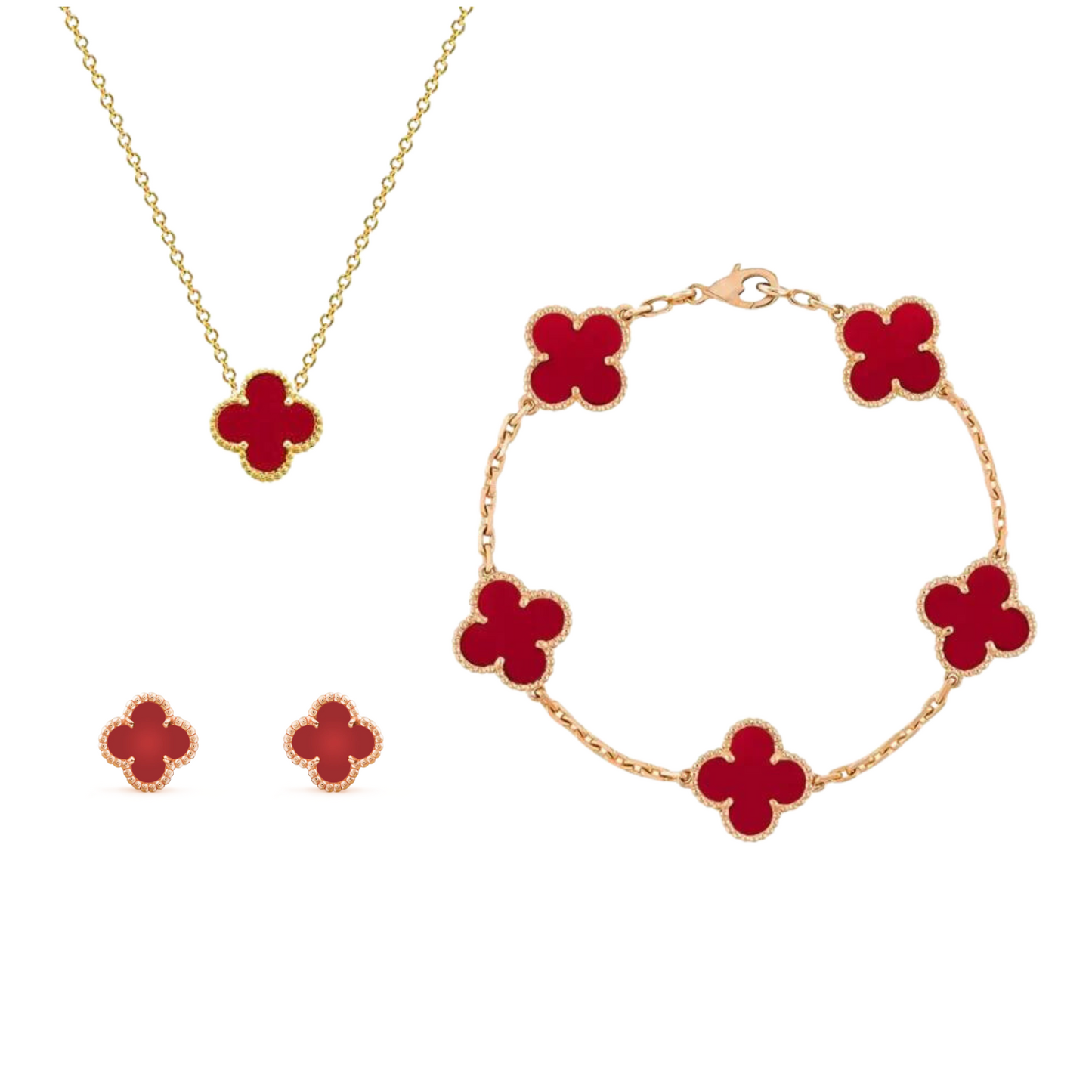 "Luxe sieradenset dames met klaverontwerp, parelmoer coating en gouden details, inclusief ketting, armband en oorbellen."