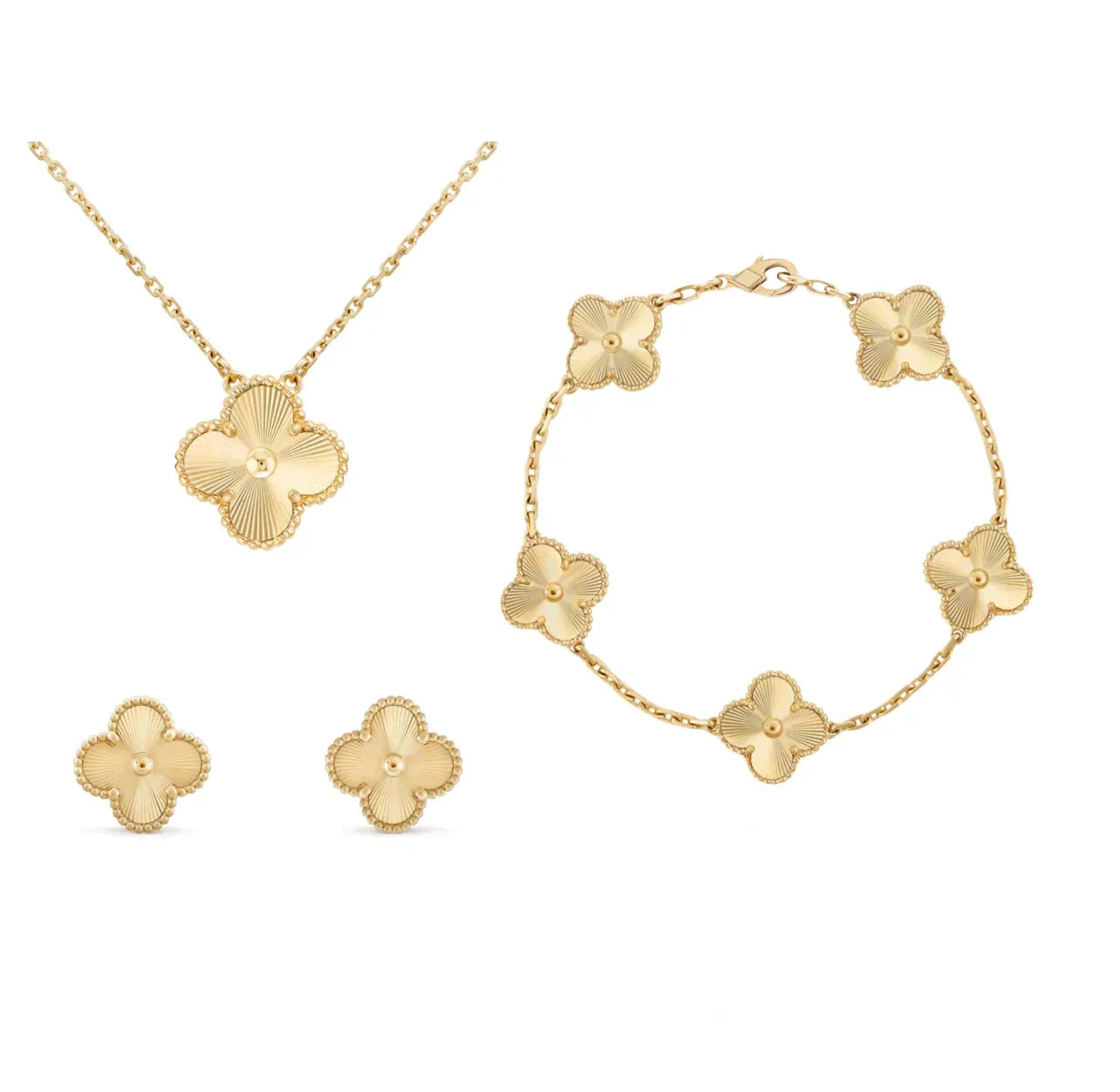 "Luxe sieradenset dames met klaverontwerp, parelmoer coating en gouden details, inclusief ketting, armband en oorbellen."