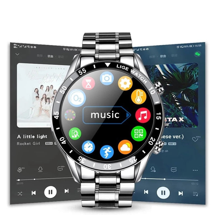 "Luxe SmartWatch 4G met zwart lederen band, AMOLED-scherm, stijlvol zilveren frame, ideaal voor connectiviteit en fitness."