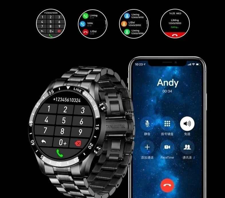 "Luxe SmartWatch 4G met zwart lederen band, AMOLED-scherm, stijlvol zilveren frame, ideaal voor connectiviteit en fitness."
