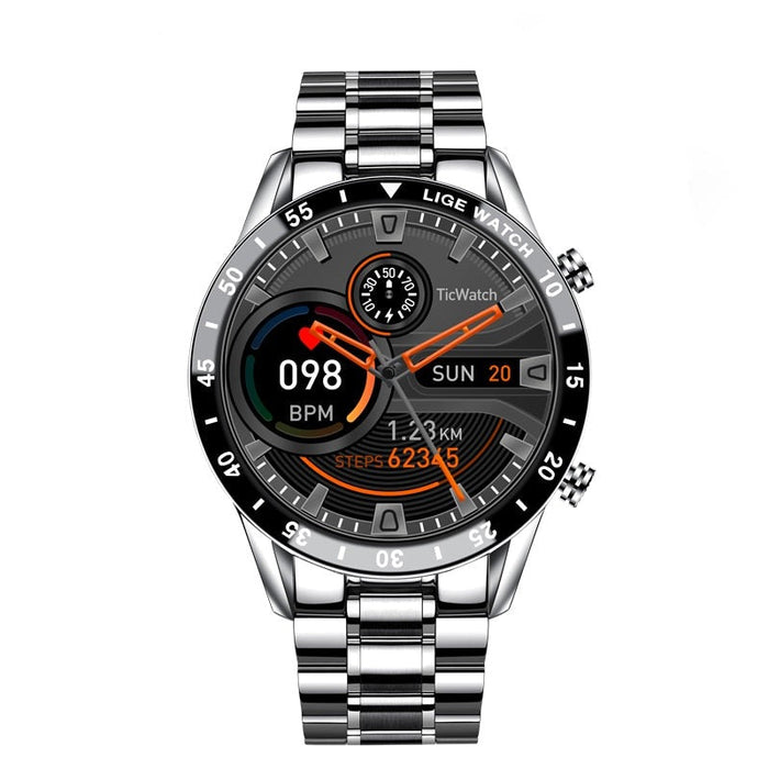 "Luxe SmartWatch 4G met zwart lederen band, AMOLED-scherm, stijlvol zilveren frame, ideaal voor connectiviteit en fitness."