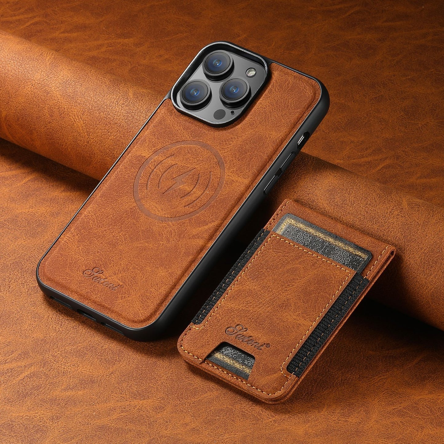 "Luxe telefoonhoes met kaarthouder en magnetische standaard, stijlvol ontwerp, duurzaamheid in zwart en blauw"
