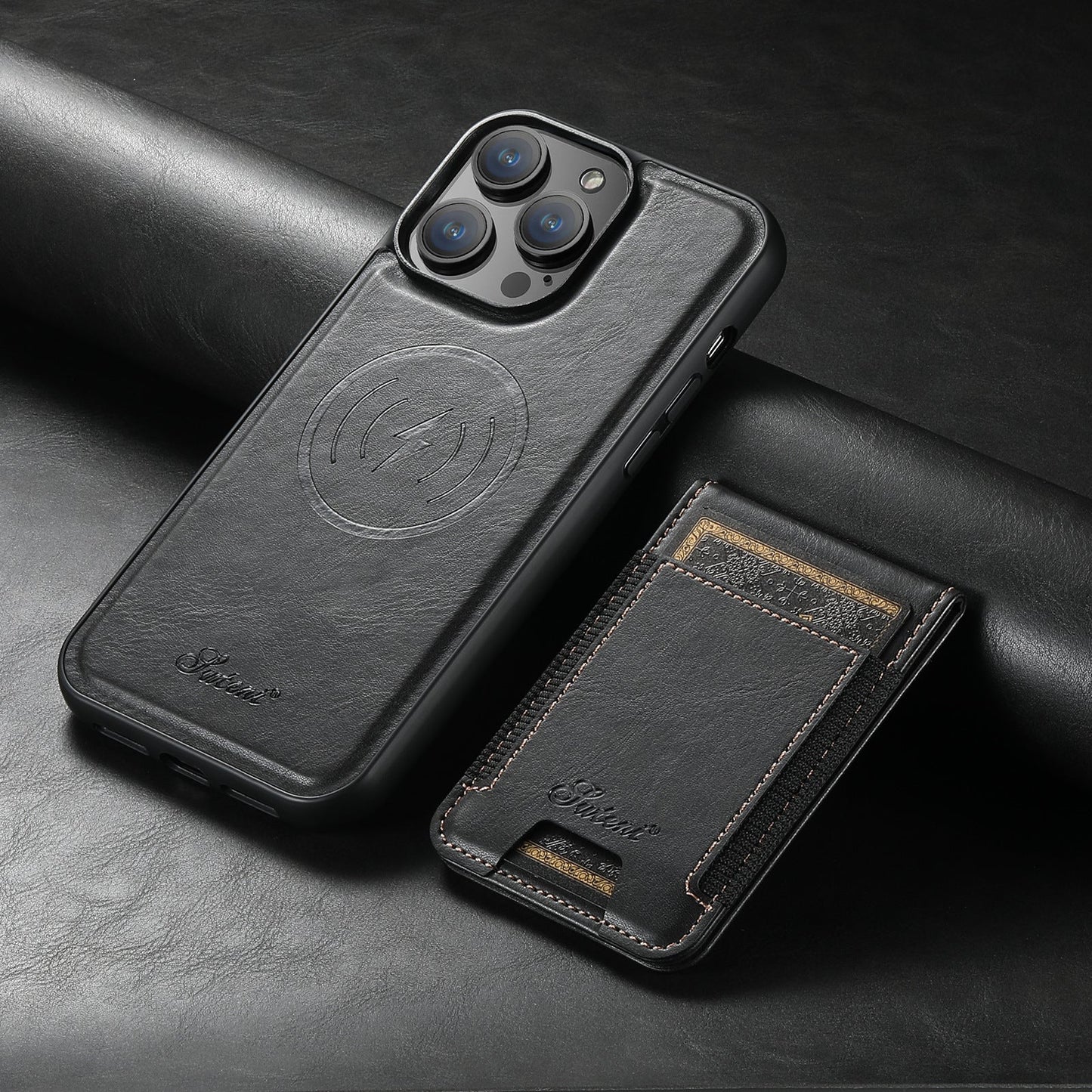 "Luxe telefoonhoes met kaarthouder en magnetische standaard, stijlvol ontwerp, duurzaamheid in zwart en blauw"