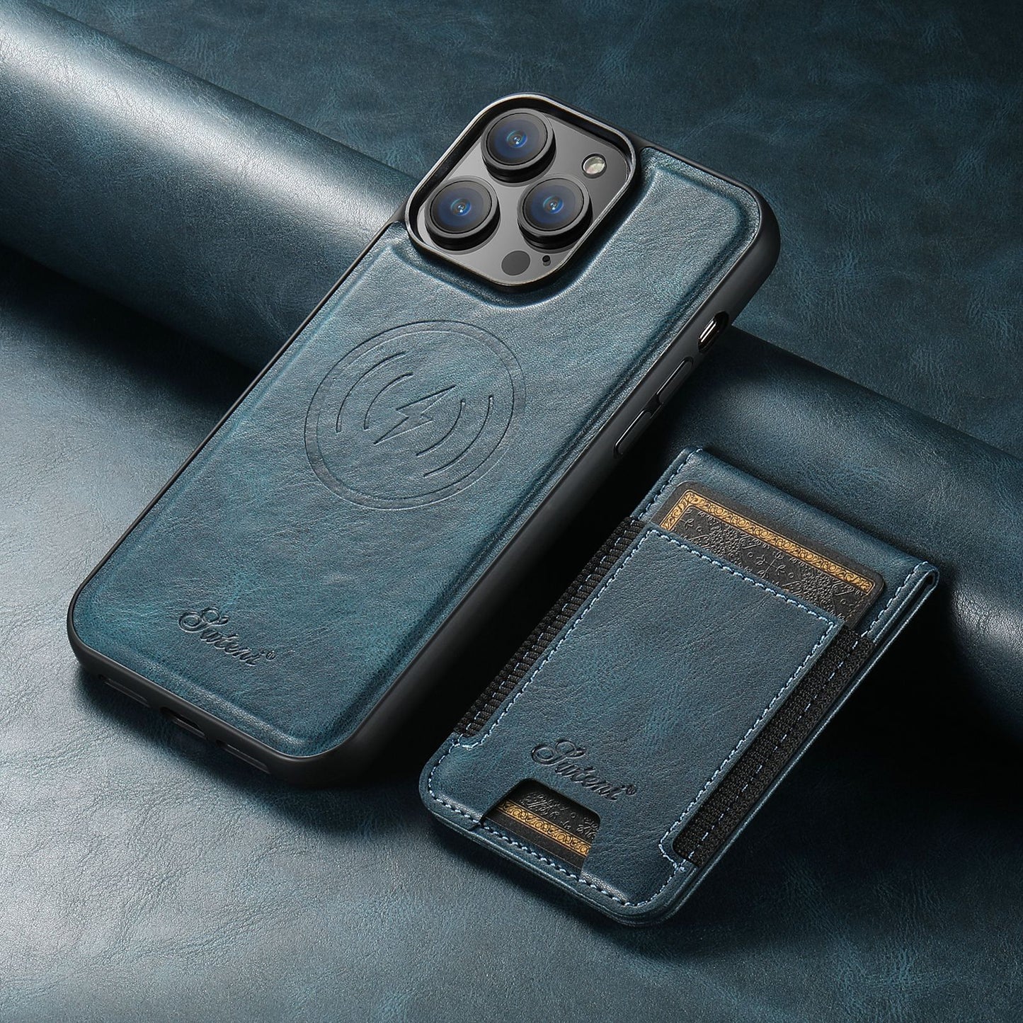 "Luxe telefoonhoes met kaarthouder en magnetische standaard, stijlvol ontwerp, duurzaamheid in zwart en blauw"