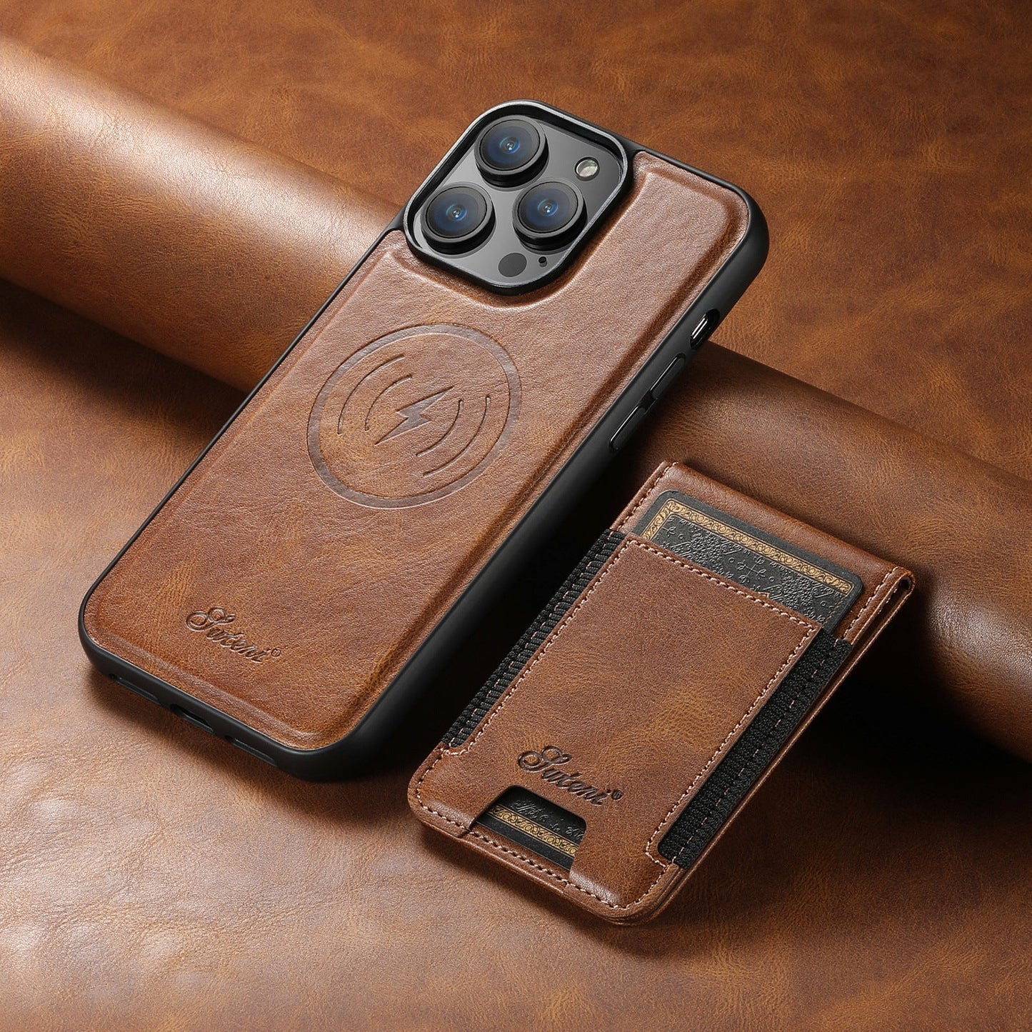 "Luxe telefoonhoes met kaarthouder en magnetische standaard, stijlvol ontwerp, duurzaamheid in zwart en blauw"