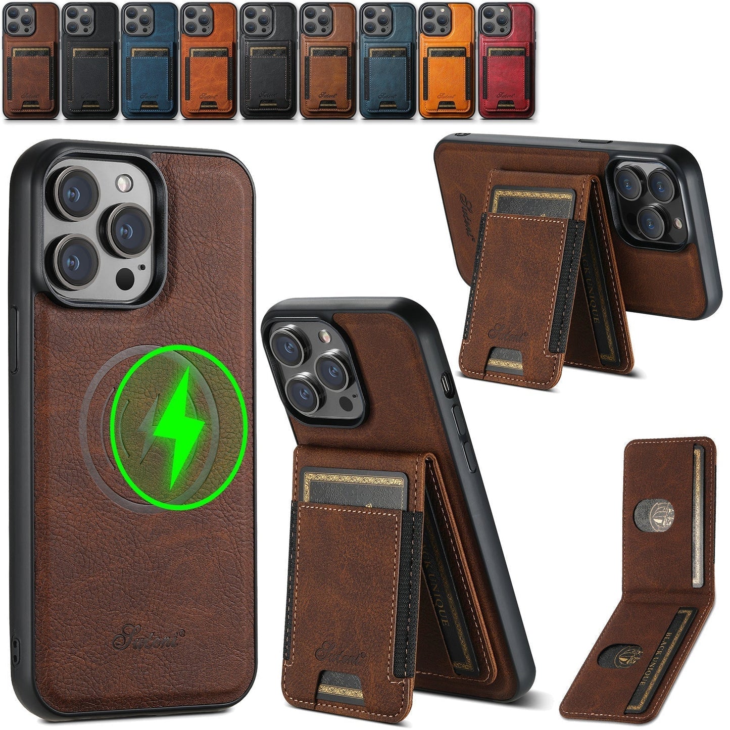 "Luxe telefoonhoes met kaarthouder en magnetische standaard, stijlvol ontwerp, duurzaamheid in zwart en blauw"