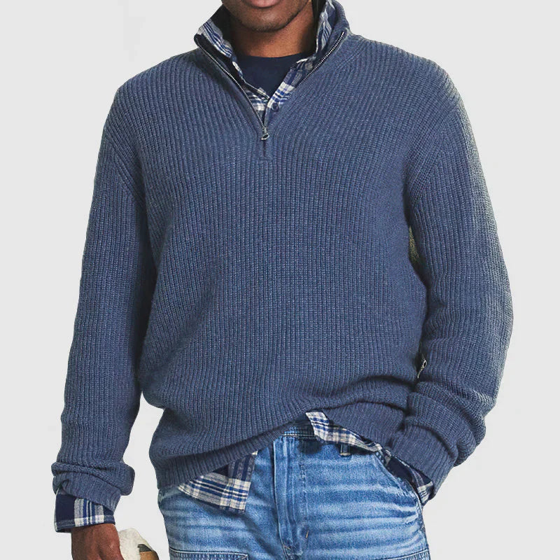 "LUXOR wollen trui met halve rits, stijlvolle herenmode in blauw, gemaakt van ademend wol voor comfort en warmte."