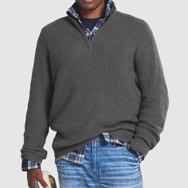 "LUXOR wollen trui met halve rits, stijlvolle herenmode in blauw, gemaakt van ademend wol voor comfort en warmte."