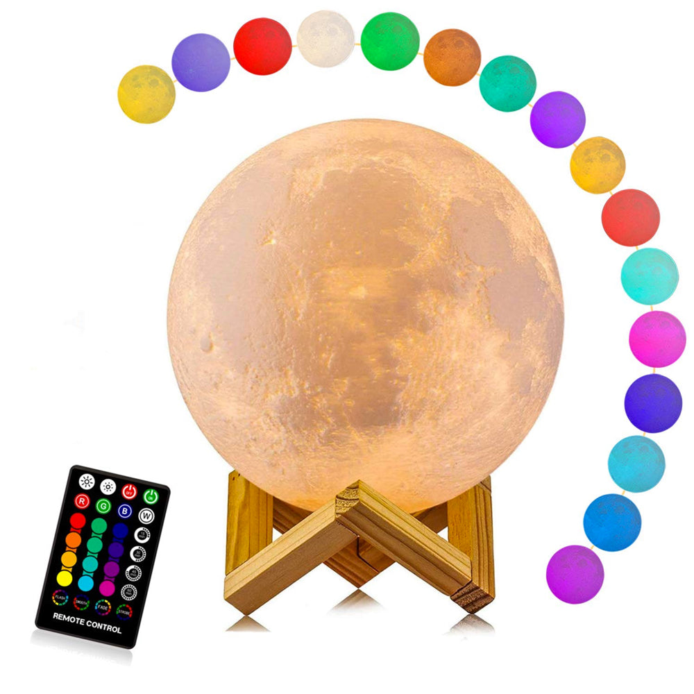 "Maanlamp met 16 kleuren, 3D-maantekstuur op houten standaard, afstandsbediening, sfeervolle interieurdecoratie"