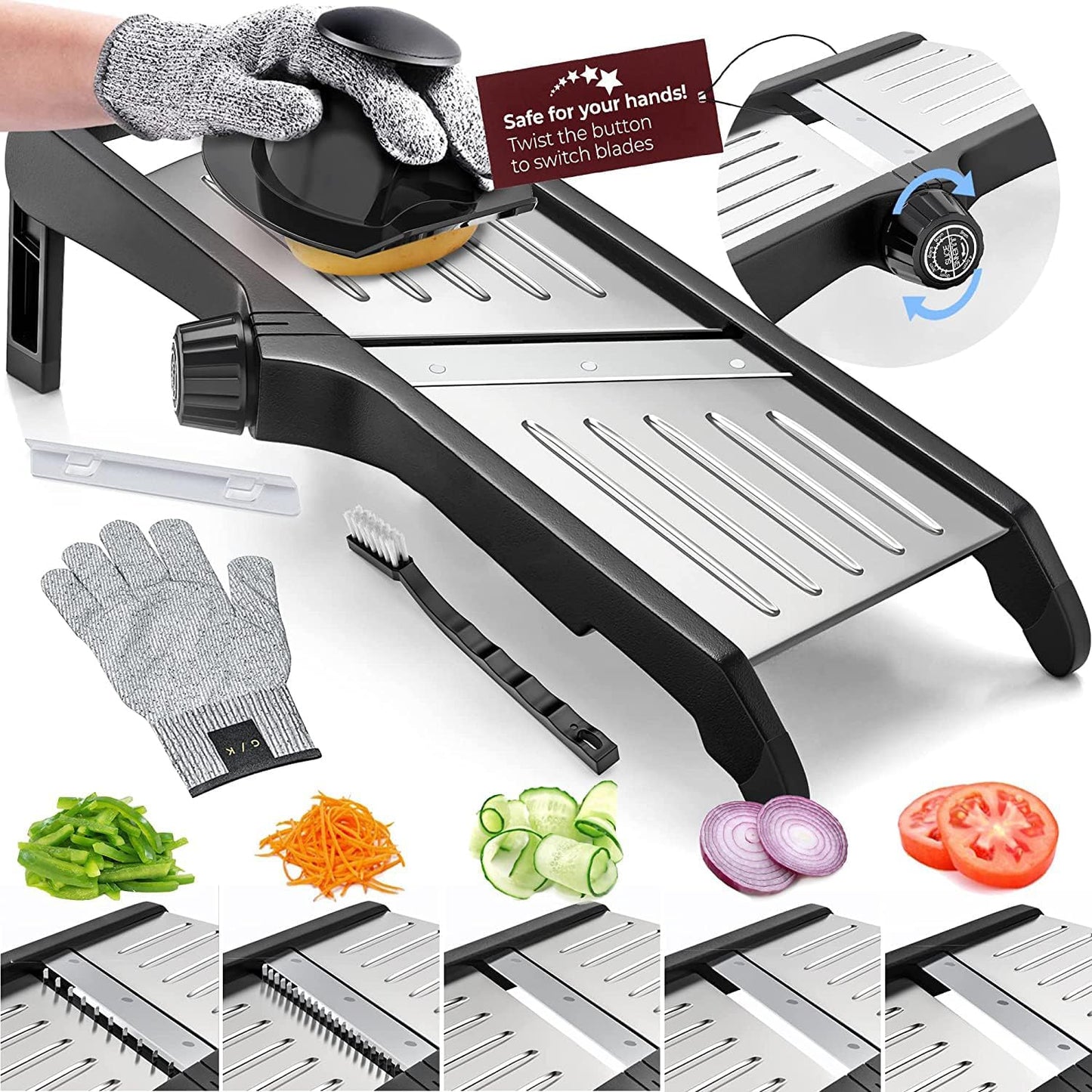 "Mandoline met snijbestendige handschoenen voor veilig snijden in de keuken, scherp roestvrijstalen mes, veelzijdig in gebrui
