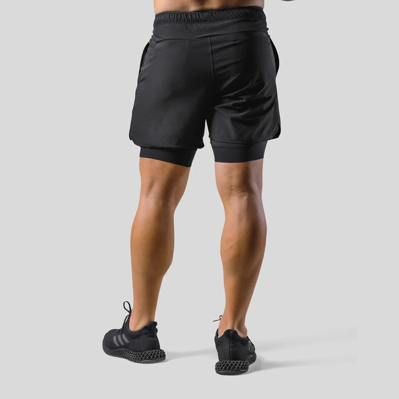 "Mauro 2-in-1 sportbroek heren, zwart, shorts met ingebouwde compressielegging, functionele zakken, elastische tailleband."