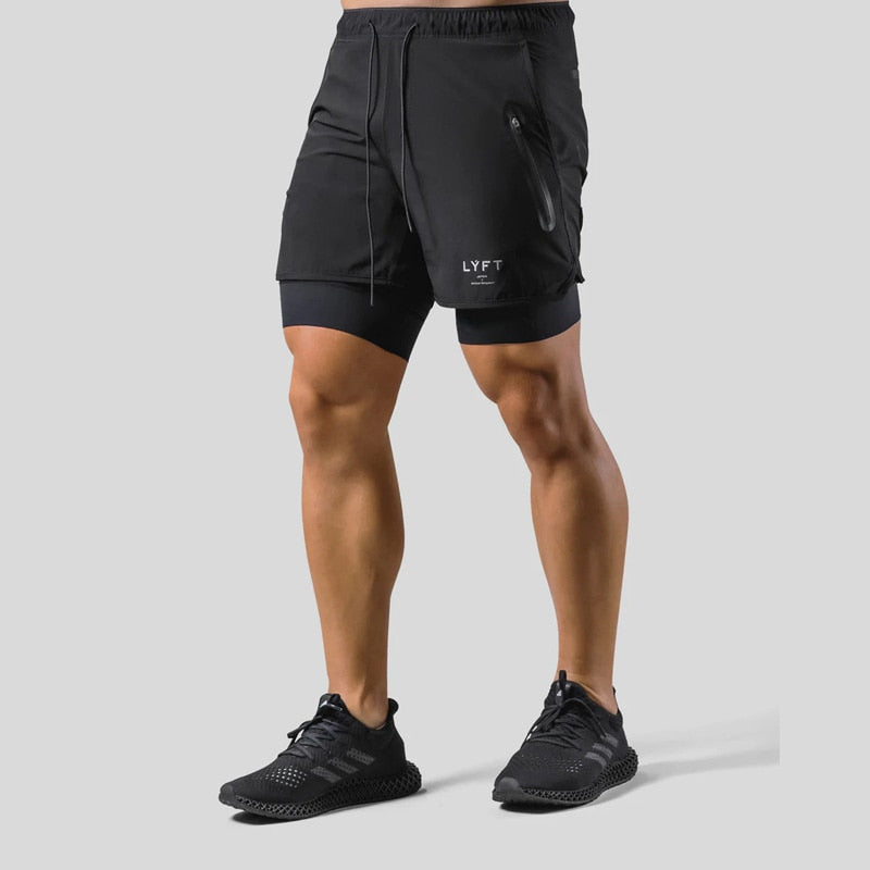 "Mauro 2-in-1 sportbroek heren, zwart, shorts met ingebouwde compressielegging, functionele zakken, elastische tailleband."