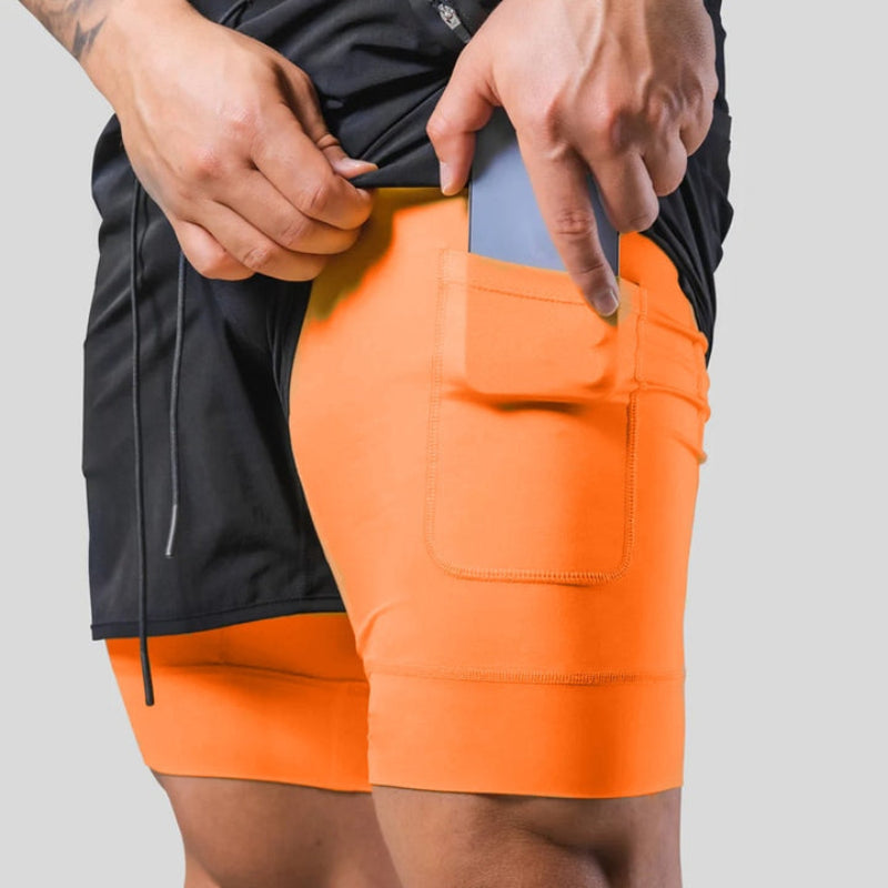 "Mauro 2-in-1 sportbroek heren, zwart, shorts met ingebouwde compressielegging, functionele zakken, elastische tailleband."