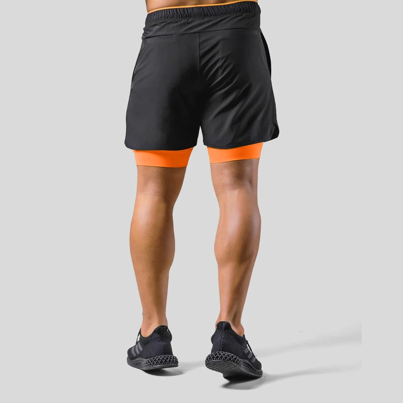 "Mauro 2-in-1 sportbroek heren, zwart, shorts met ingebouwde compressielegging, functionele zakken, elastische tailleband."