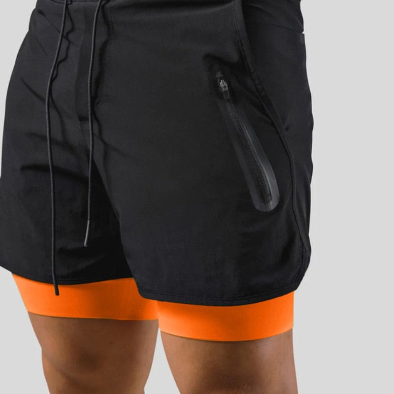 "Mauro 2-in-1 sportbroek heren, zwart, shorts met ingebouwde compressielegging, functionele zakken, elastische tailleband."